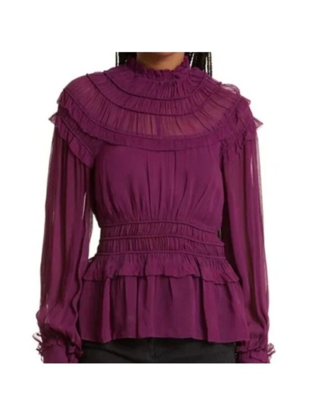 Farm Rio Romantic Ruffle Smocked Boho Long Sleeve Blouse Top Burgundy Size XS - Picture 7 of 9